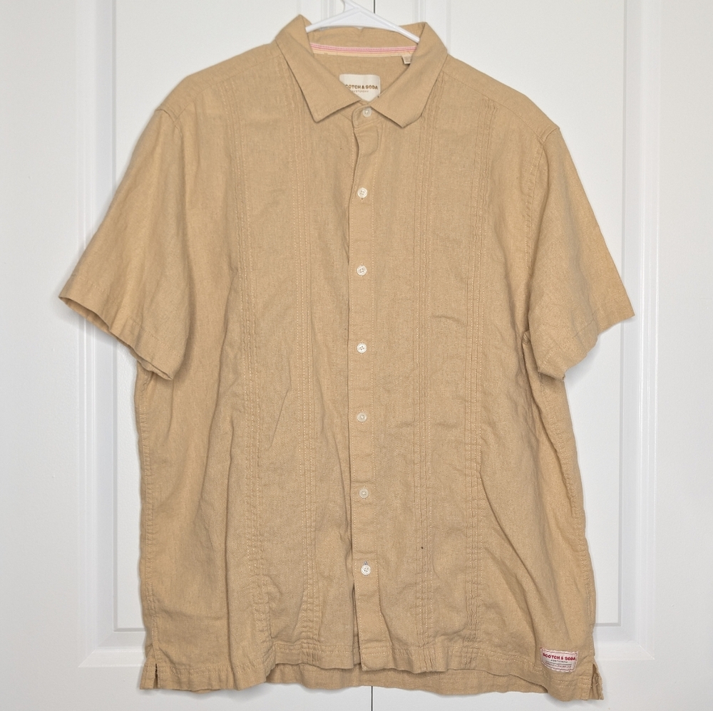 Scotch & Soda Amsterdam Men's XL Tan Linen Viscose Pintuck Short Sleeve Shirt